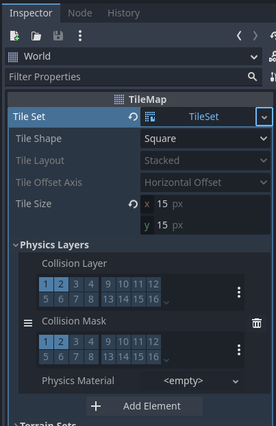 Our TileMap's TileSet's Physic Layer's Collision Mask and Collision Layer